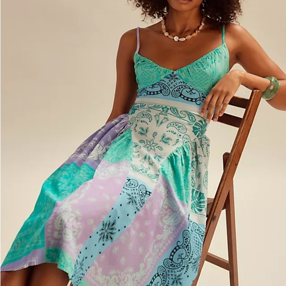 Free People Teal, Lavender, Mint Patchwork Midi Dress